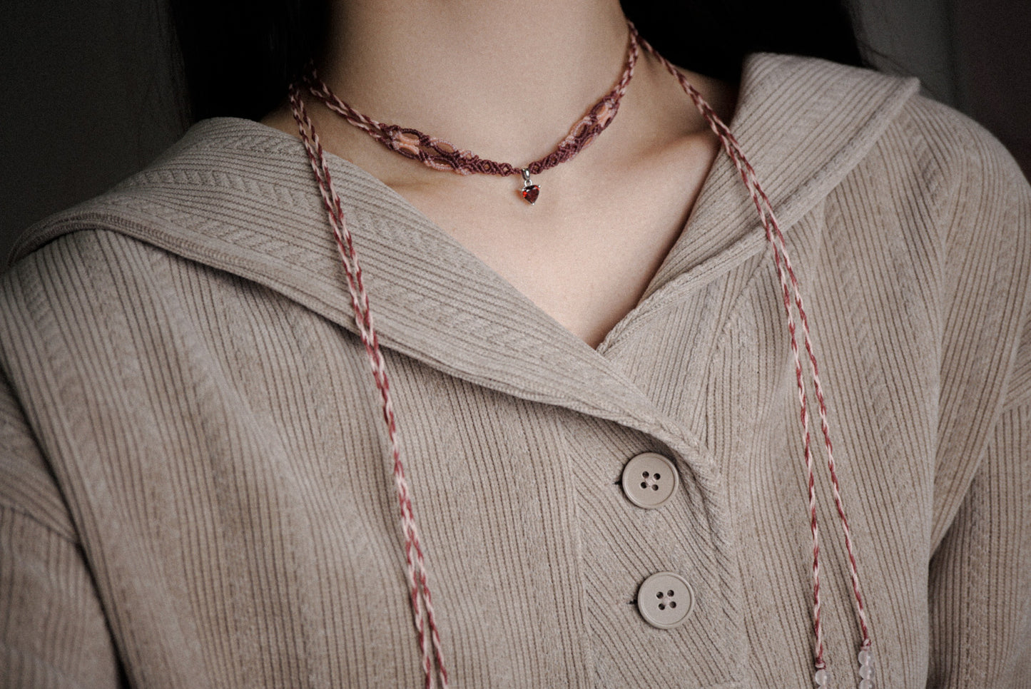 石榴石|粉晶 ︳Macramé 蠟線編織頸圈