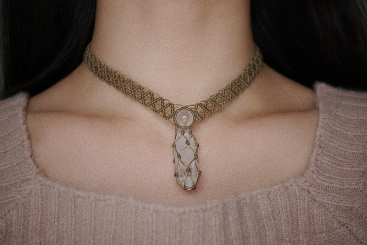 粉晶 ︳白水晶|Macramé 蠟線編織頸圈