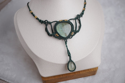 拉長石 ︳葡萄石 ︳Macramé 蠟線編織頸繩