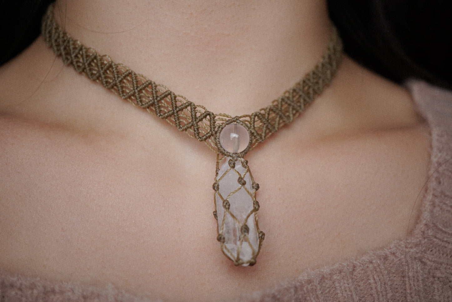 粉晶 ︳白水晶|Macramé 蠟線編織頸圈