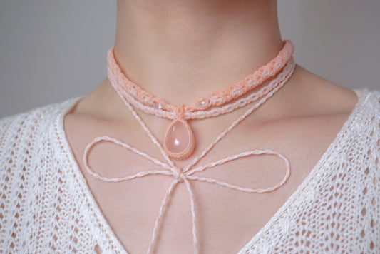 粉晶 ︳Macramé 蠟線編織頸圈